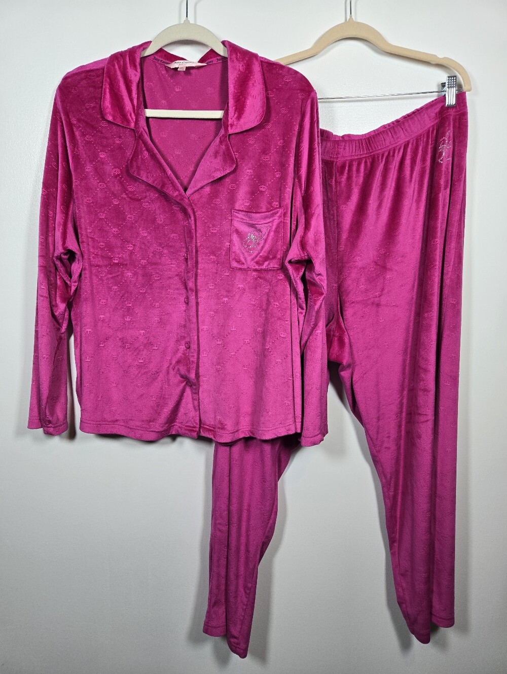 Juicy Couture Berry Pink Long Sleeve Velour Bling 2pc Pajama Set Plus Size 2X